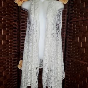 Lace Front Open Vest Sleeveless Top Cardigan white ivory